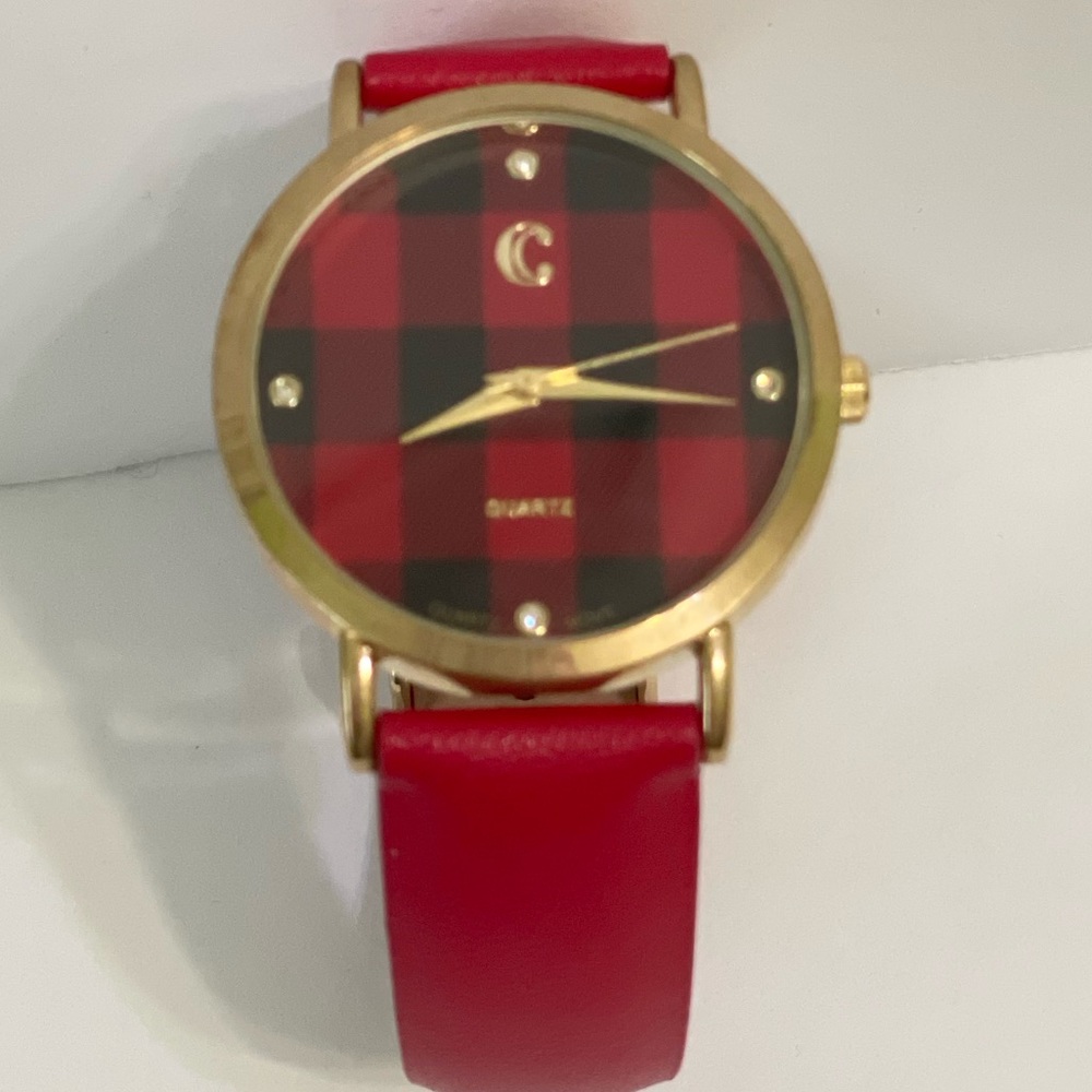Charming Charlie Red Strap Plaid Round Face Watch Analog Holiday Christmas